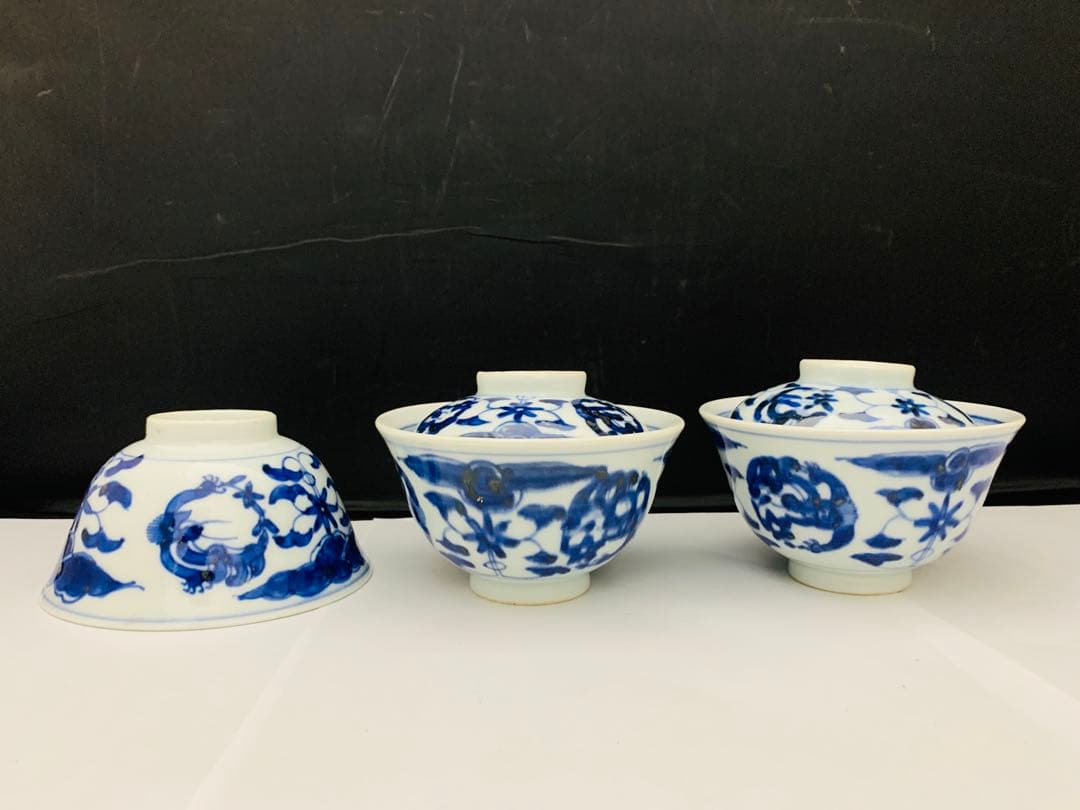 蓋付茶碗　飯茶碗　6客+碗のみ1点　時代染付