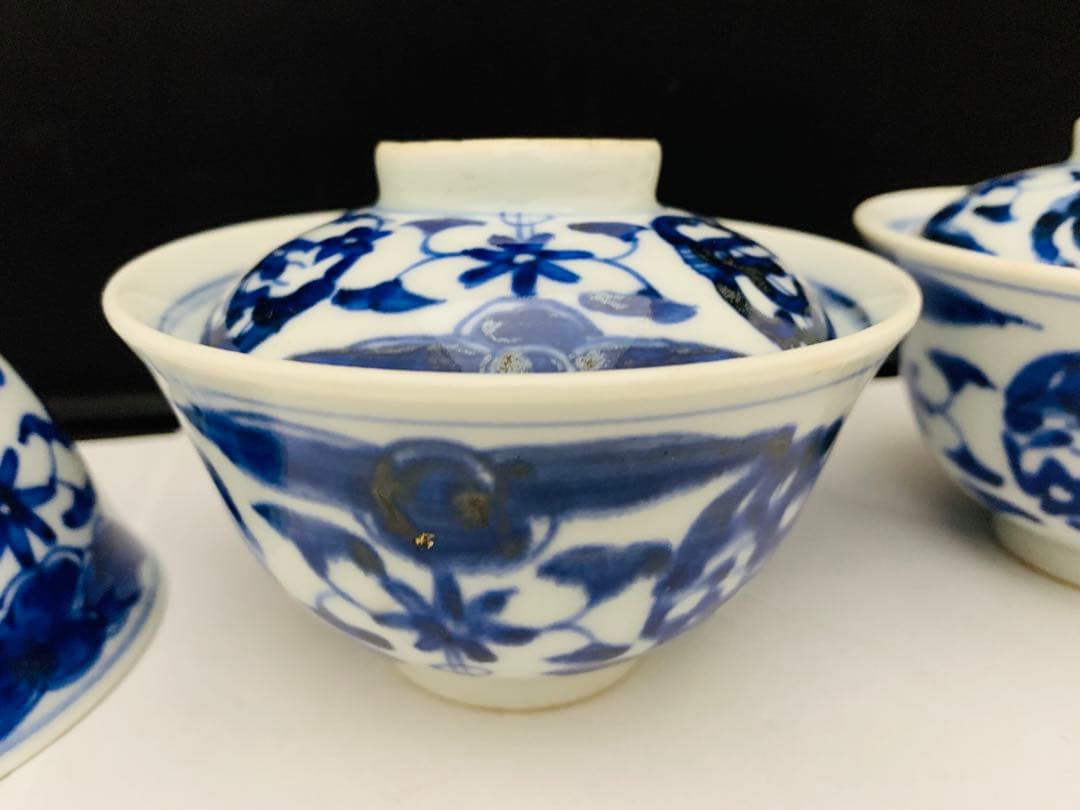 蓋付茶碗　飯茶碗　6客+碗のみ1点　時代染付