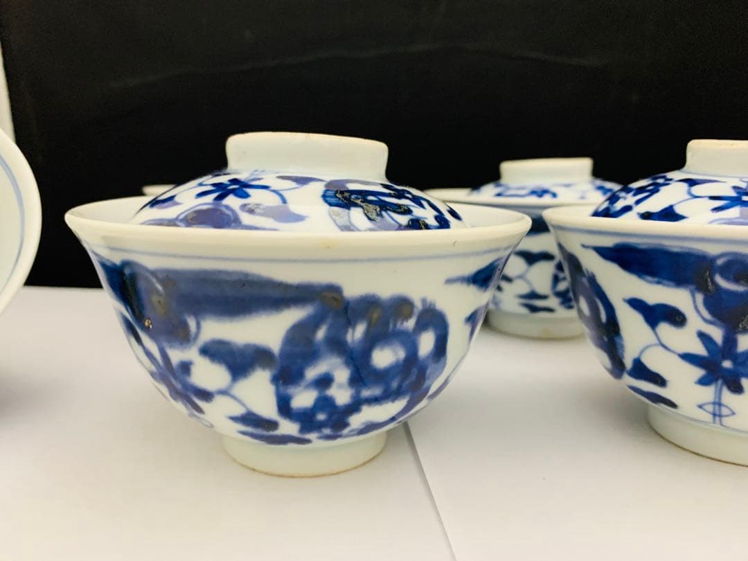 蓋付茶碗　飯茶碗　6客+碗のみ1点　時代染付