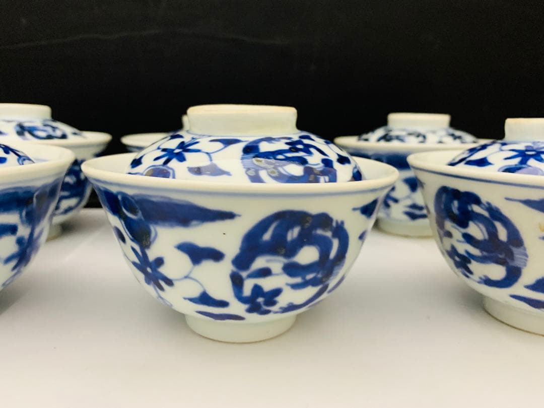 蓋付茶碗　飯茶碗　6客+碗のみ1点　時代染付
