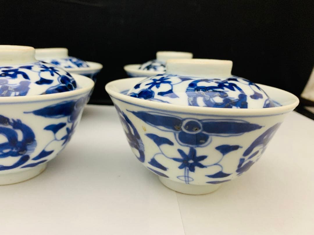 蓋付茶碗　飯茶碗　6客+碗のみ1点　時代染付