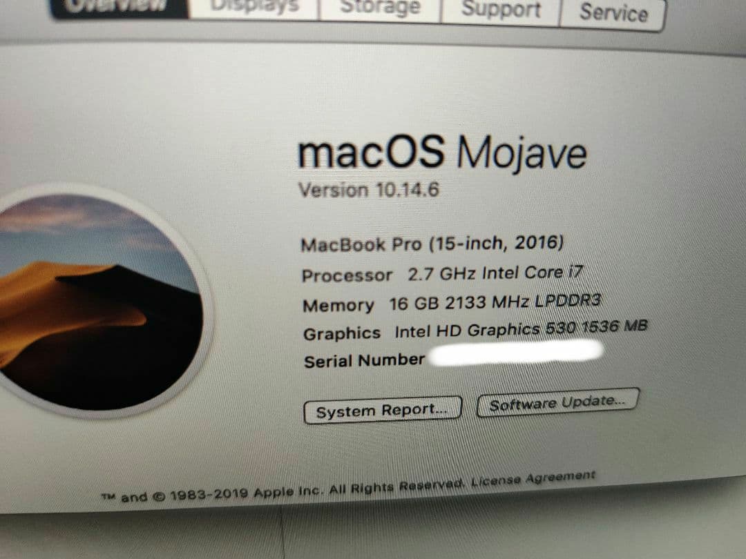 MacBook Pro 15/2016 2.7G/16G/512G 不具合あり