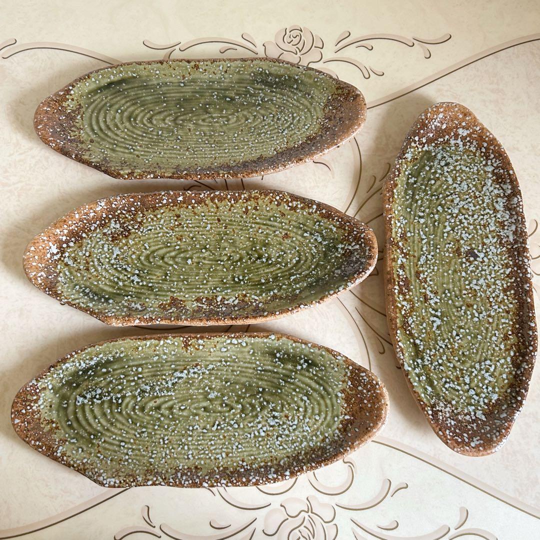 伊賀釉　織部　楕円皿揃　4枚セット　長皿　土物　和食器　焼物皿　緑　和皿　中皿