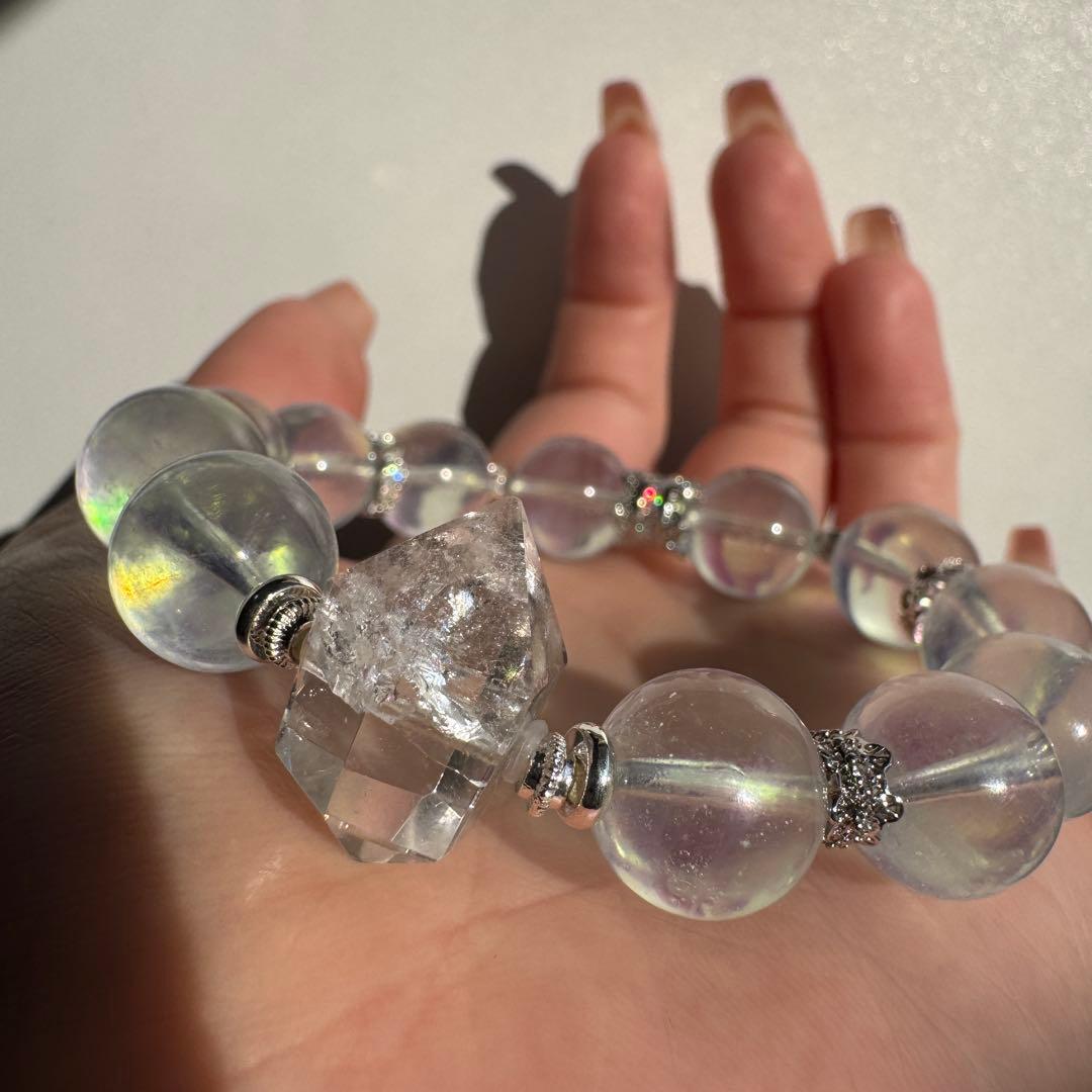 一点物　天然石　ハンドメイドブレス　ピンクイエローシラーアクアマリン　最高ランク