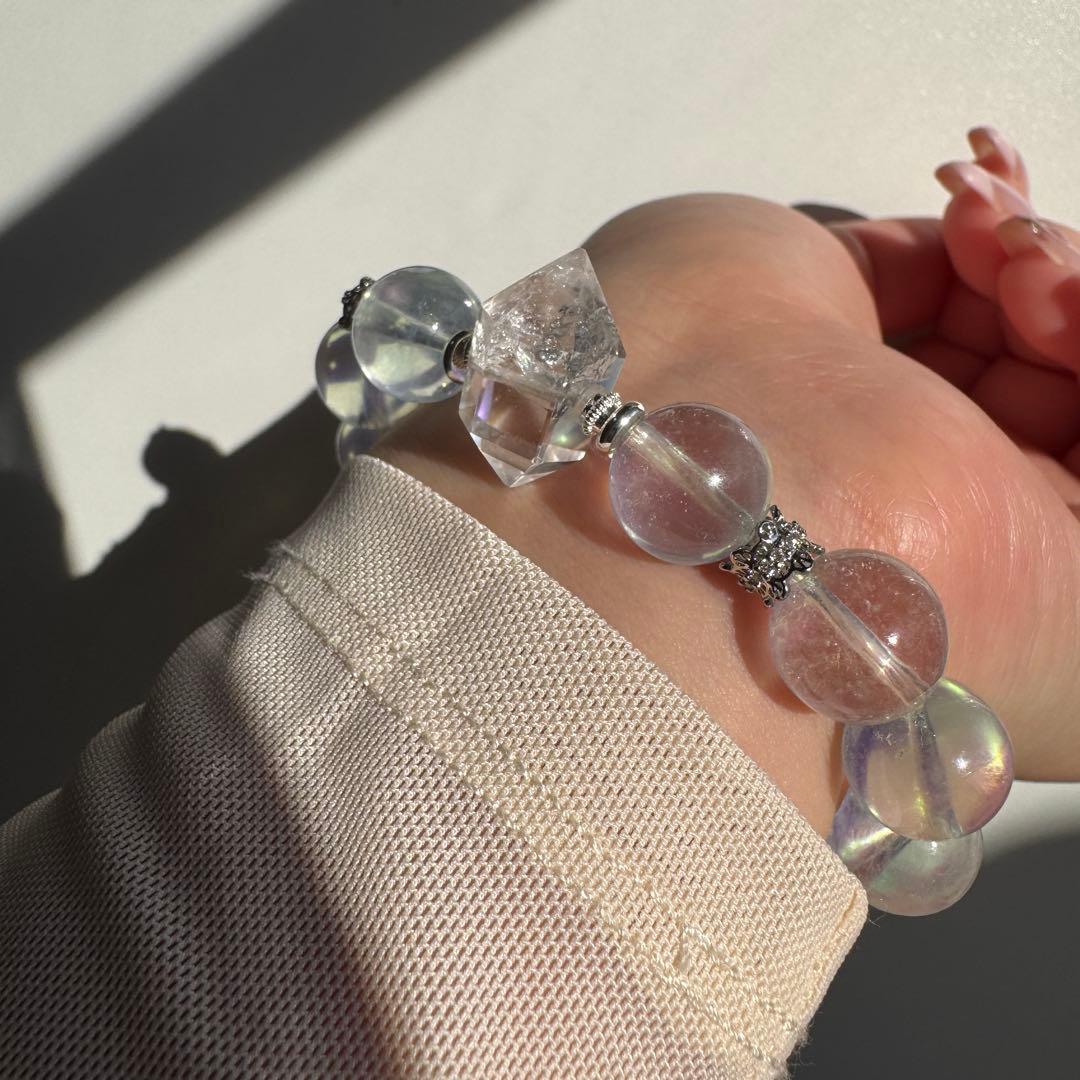 一点物　天然石　ハンドメイドブレス　ピンクイエローシラーアクアマリン　最高ランク