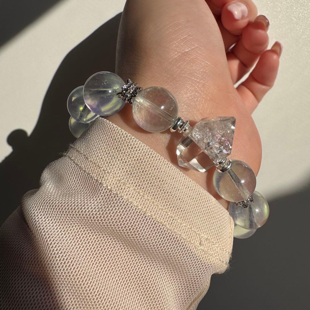 一点物　天然石　ハンドメイドブレス　ピンクイエローシラーアクアマリン　最高ランク