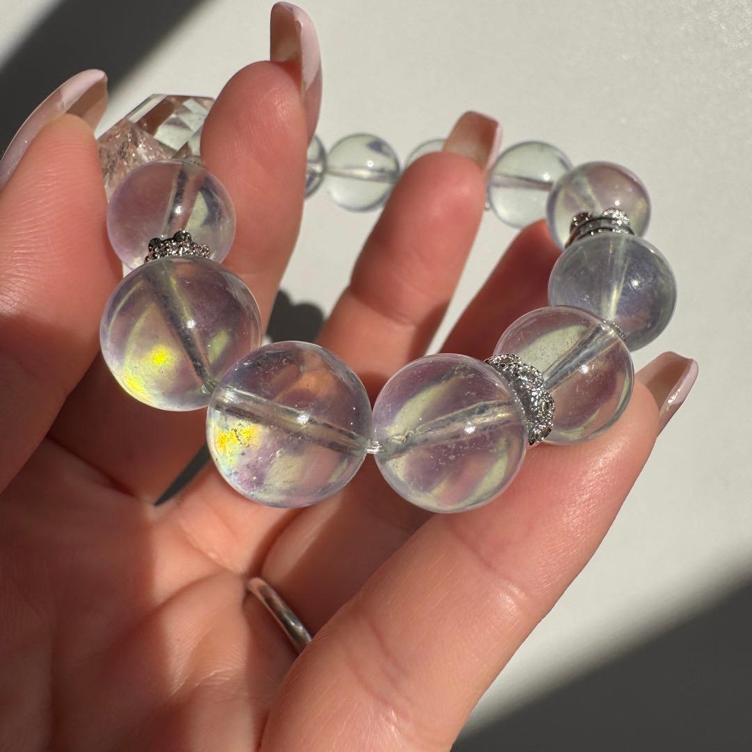 一点物　天然石　ハンドメイドブレス　ピンクイエローシラーアクアマリン　最高ランク