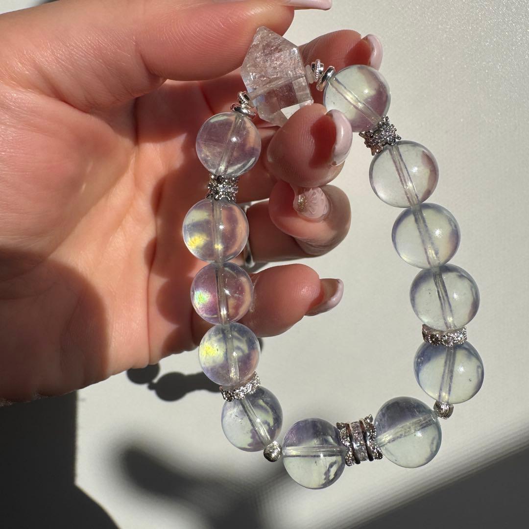 一点物　天然石　ハンドメイドブレス　ピンクイエローシラーアクアマリン　最高ランク