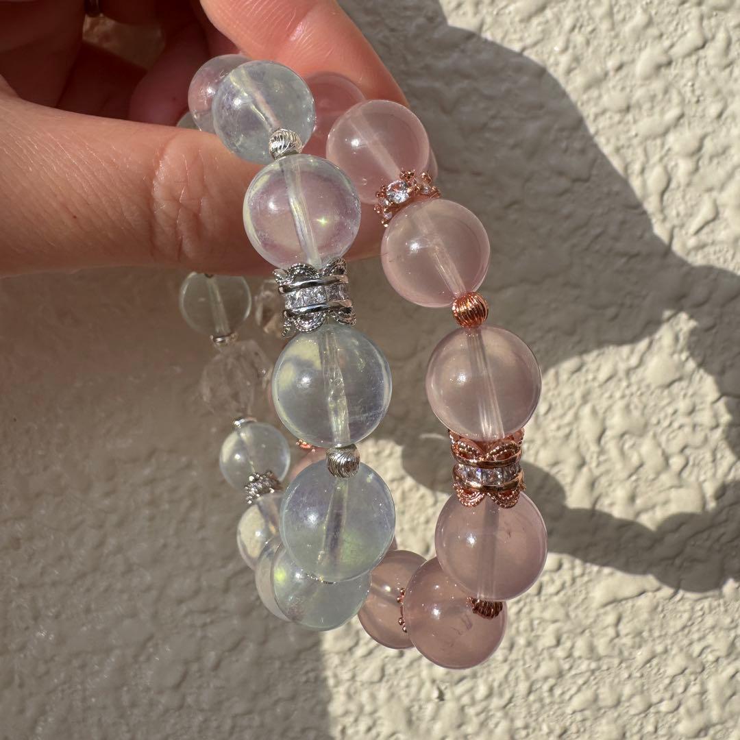 一点物　天然石　ハンドメイドブレス　ピンクイエローシラーアクアマリン　最高ランク