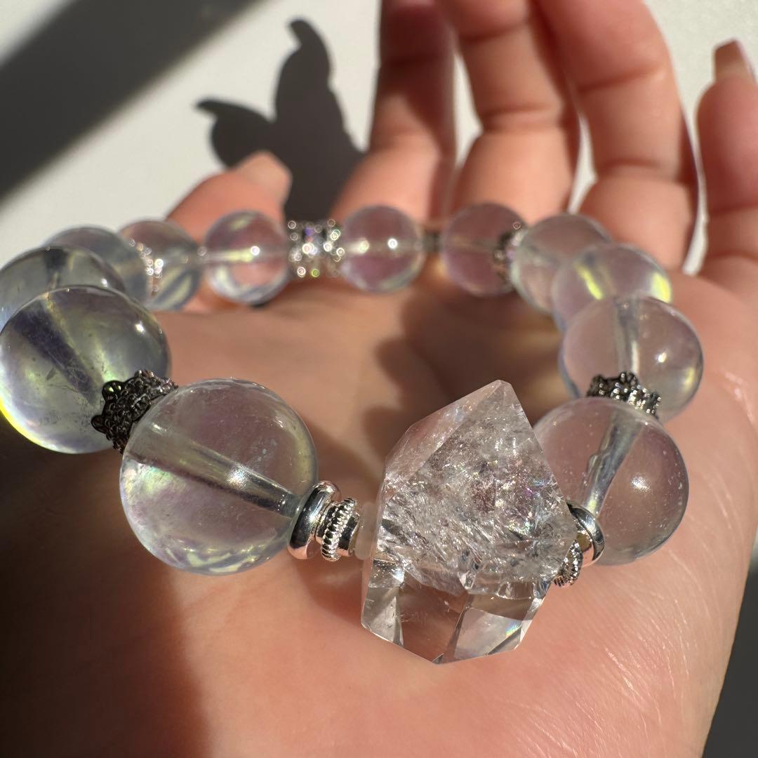 一点物　天然石　ハンドメイドブレス　ピンクイエローシラーアクアマリン　最高ランク