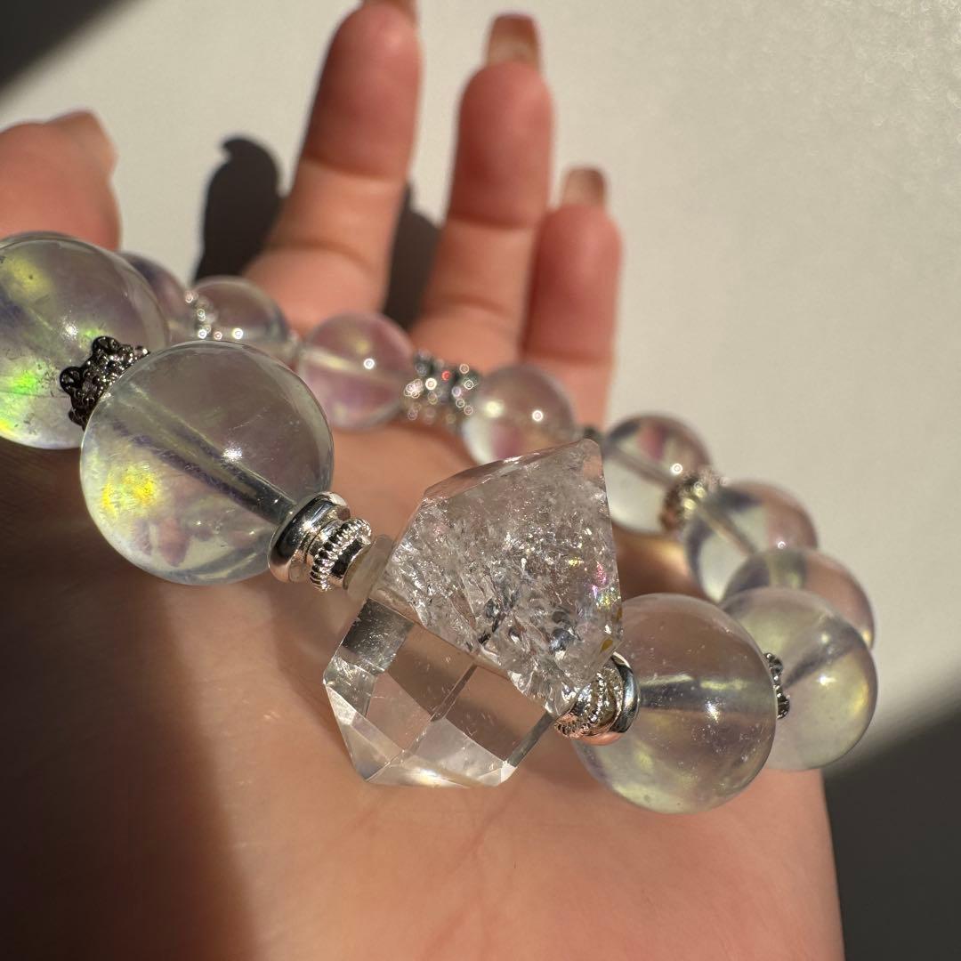 一点物　天然石　ハンドメイドブレス　ピンクイエローシラーアクアマリン　最高ランク