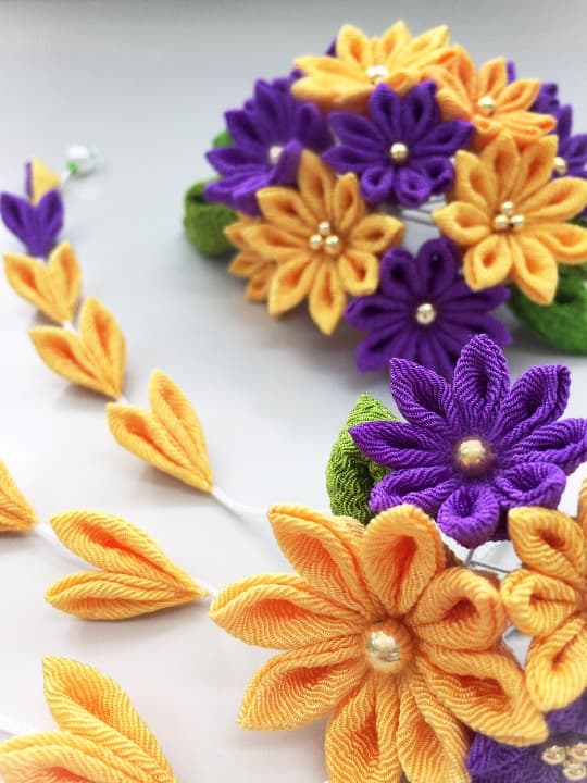 つまみ細工 華かんざし　《紫山吹》