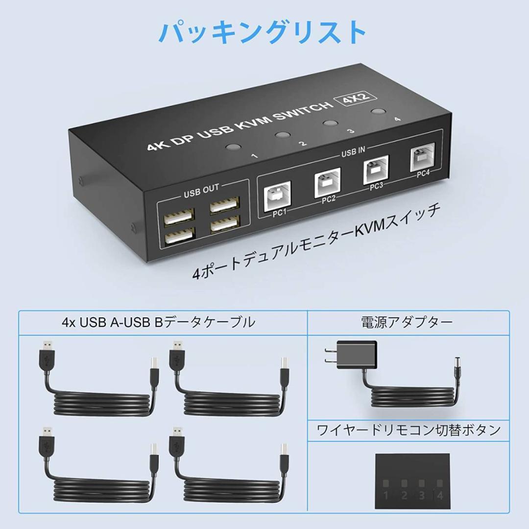 4ポートデュアルモニター kvmスイッチ Displayport 4K