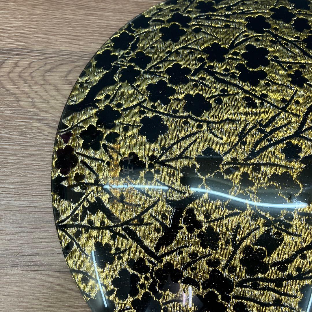 E-1 極美品 ぎやまん 金銀糸 金彩 桜文様刺繍 ガラスプレート 飾り皿 大皿