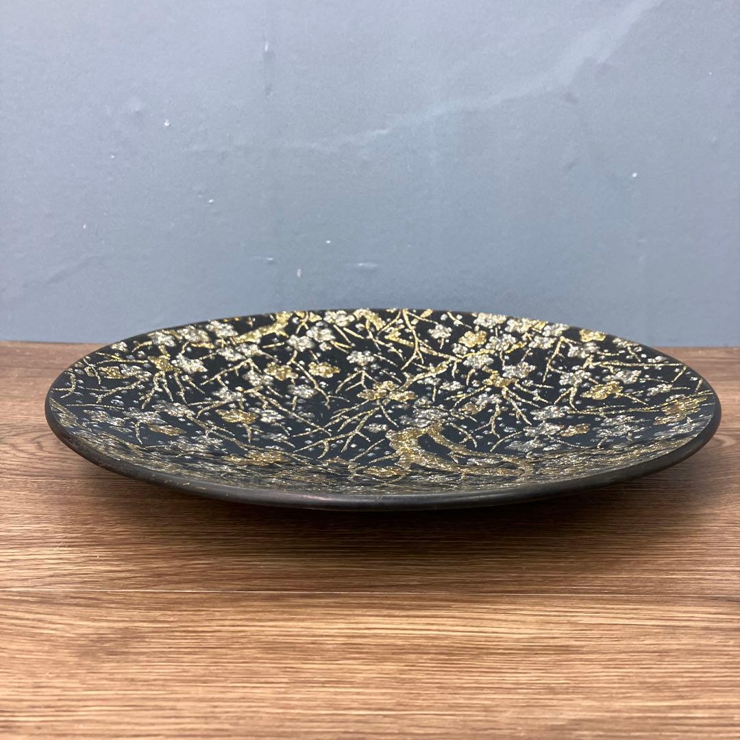 E-1 極美品 ぎやまん 金銀糸 金彩 桜文様刺繍 ガラスプレート 飾り皿 大皿