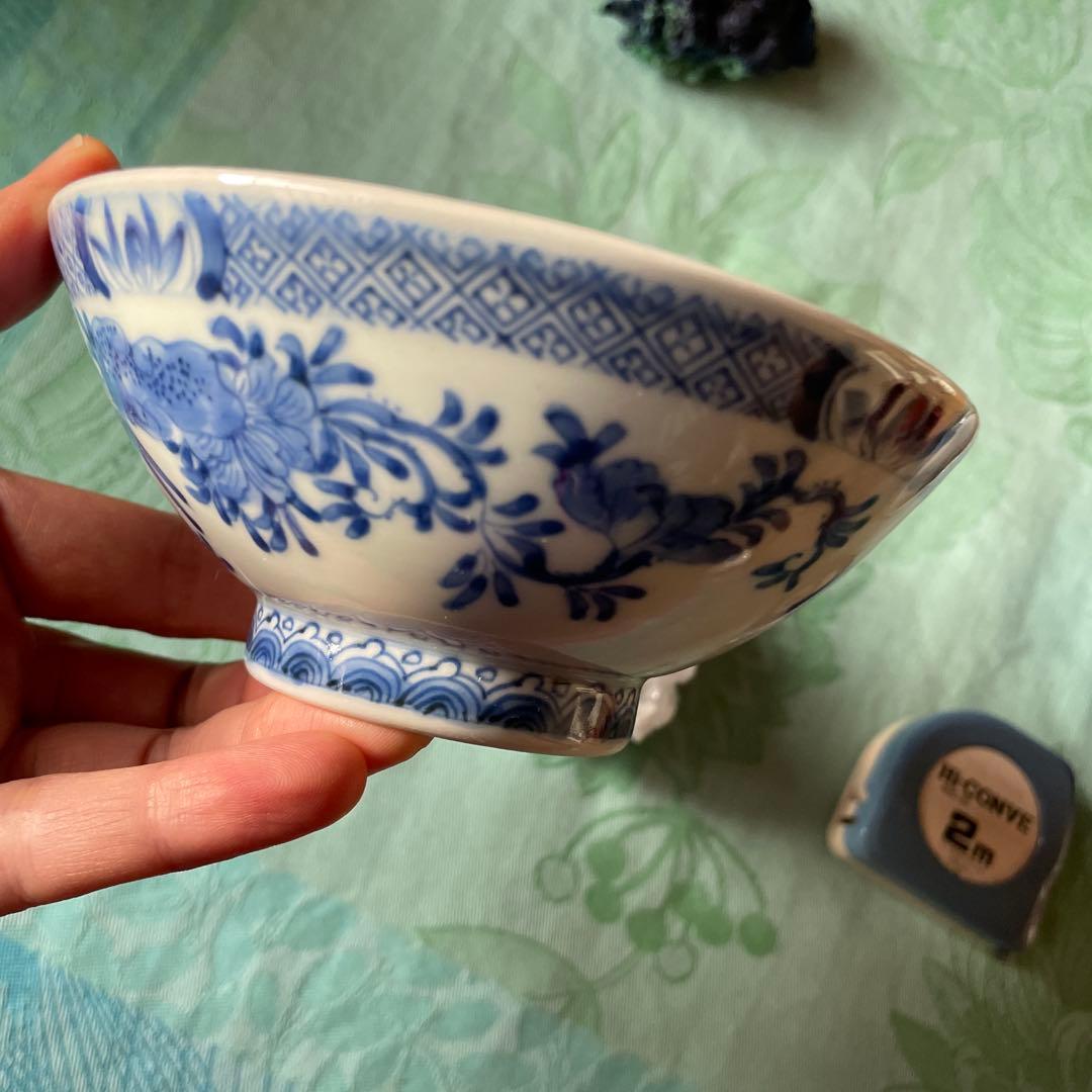 古伊万里　染付　霊獣　牡丹　唐草　蓋付飯碗