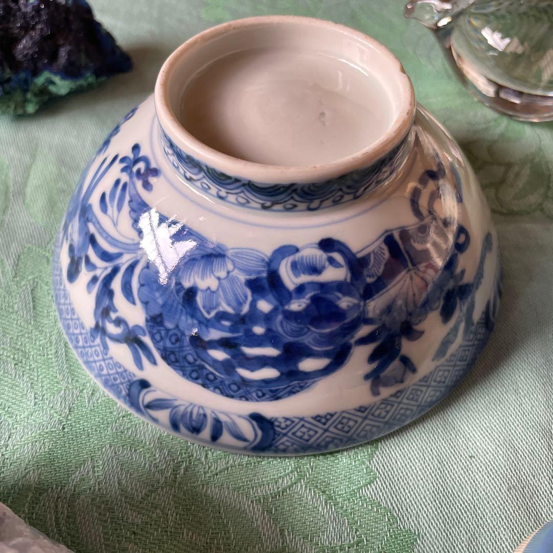 古伊万里　染付　霊獣　牡丹　唐草　蓋付飯碗