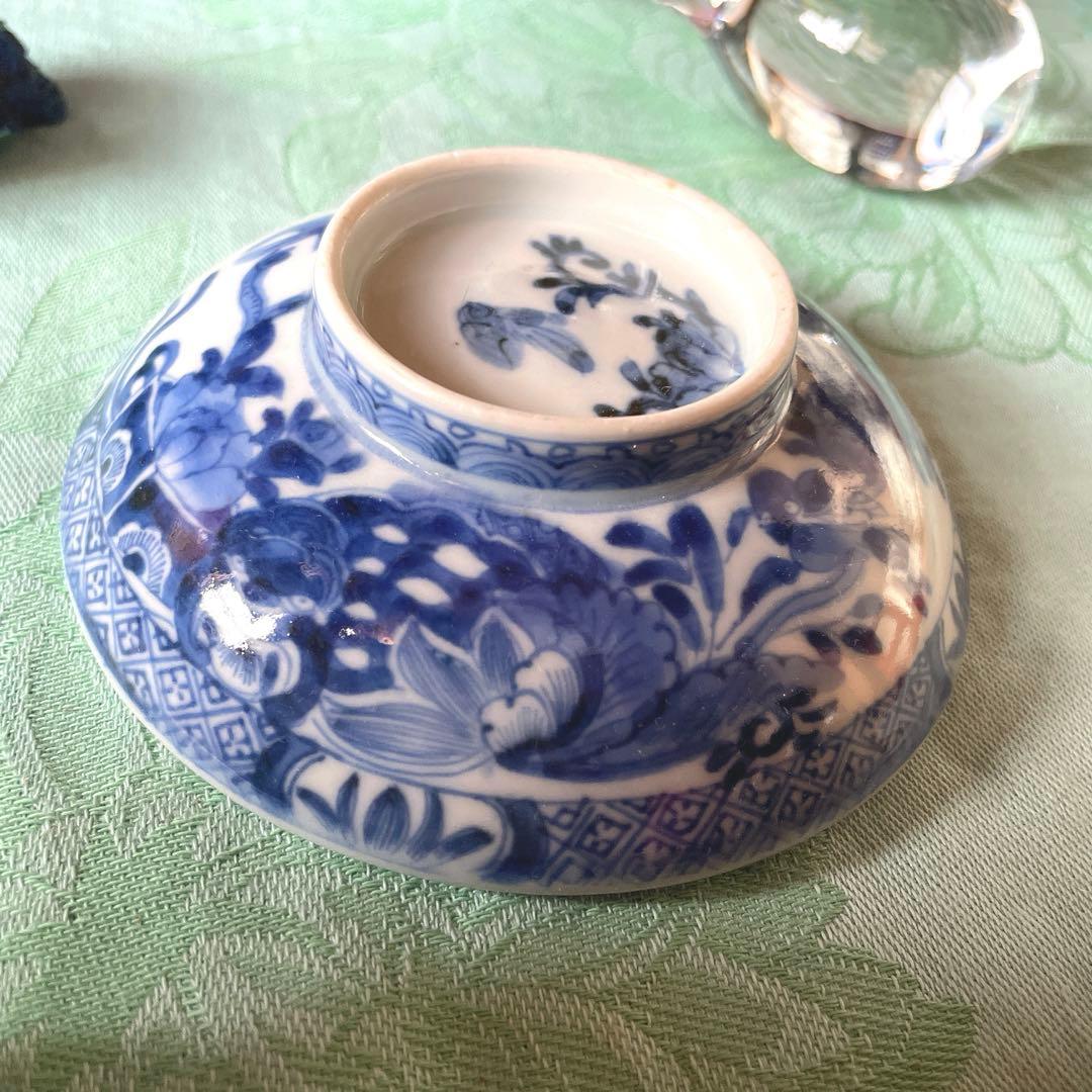 古伊万里　染付　霊獣　牡丹　唐草　蓋付飯碗