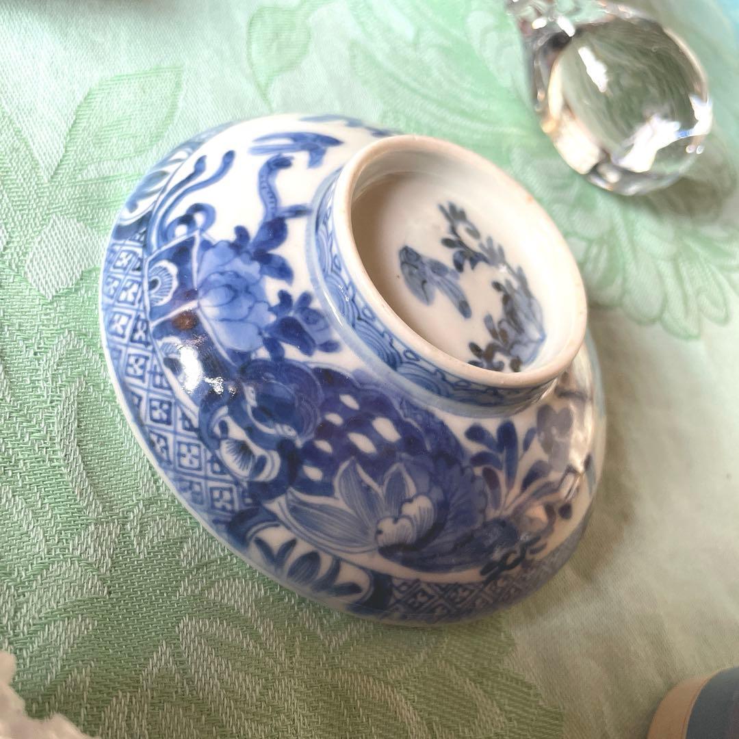 古伊万里　染付　霊獣　牡丹　唐草　蓋付飯碗