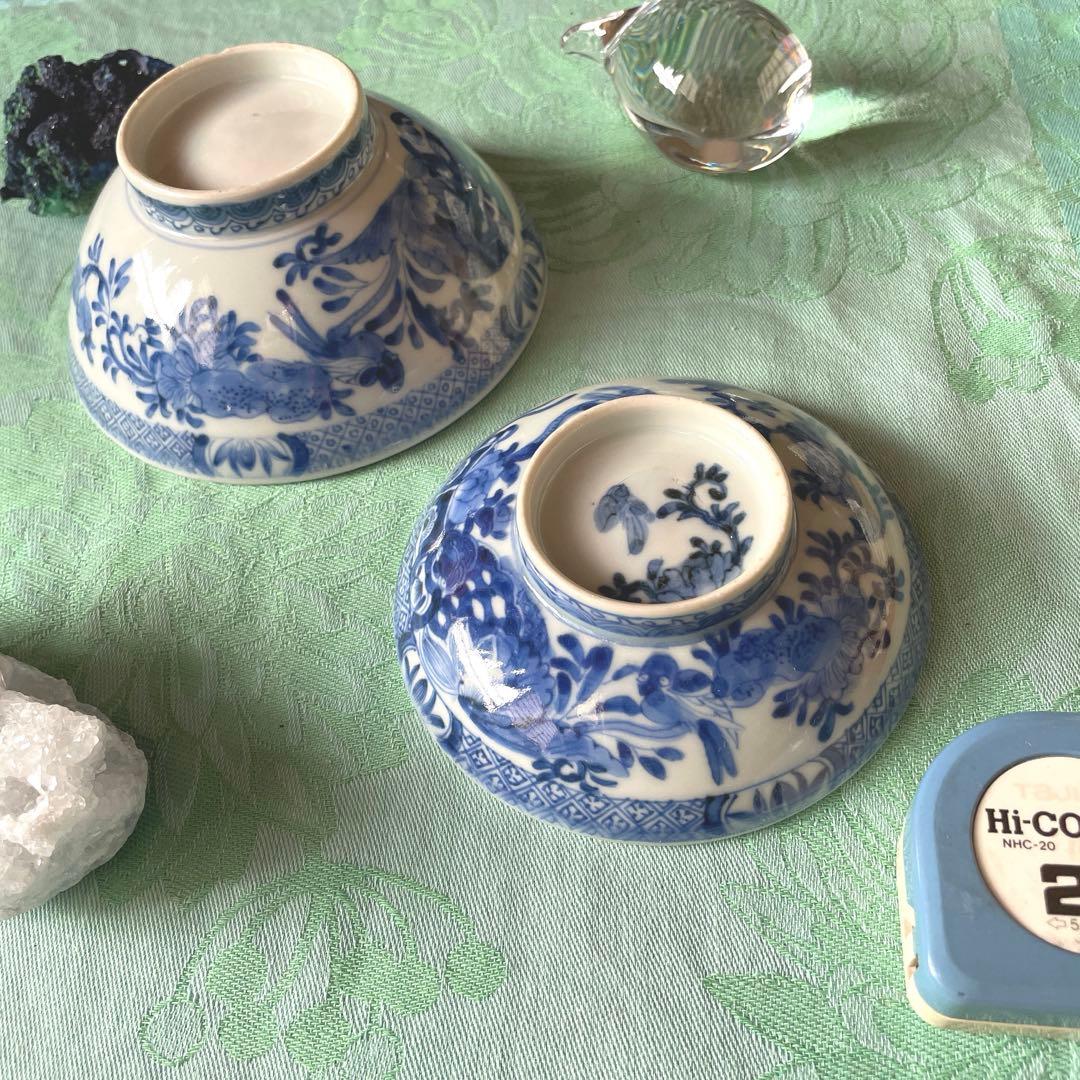 古伊万里　染付　霊獣　牡丹　唐草　蓋付飯碗