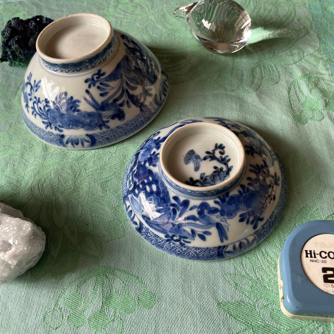 古伊万里　染付　霊獣　牡丹　唐草　蓋付飯碗