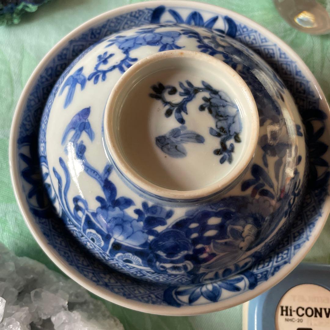 古伊万里　染付　霊獣　牡丹　唐草　蓋付飯碗