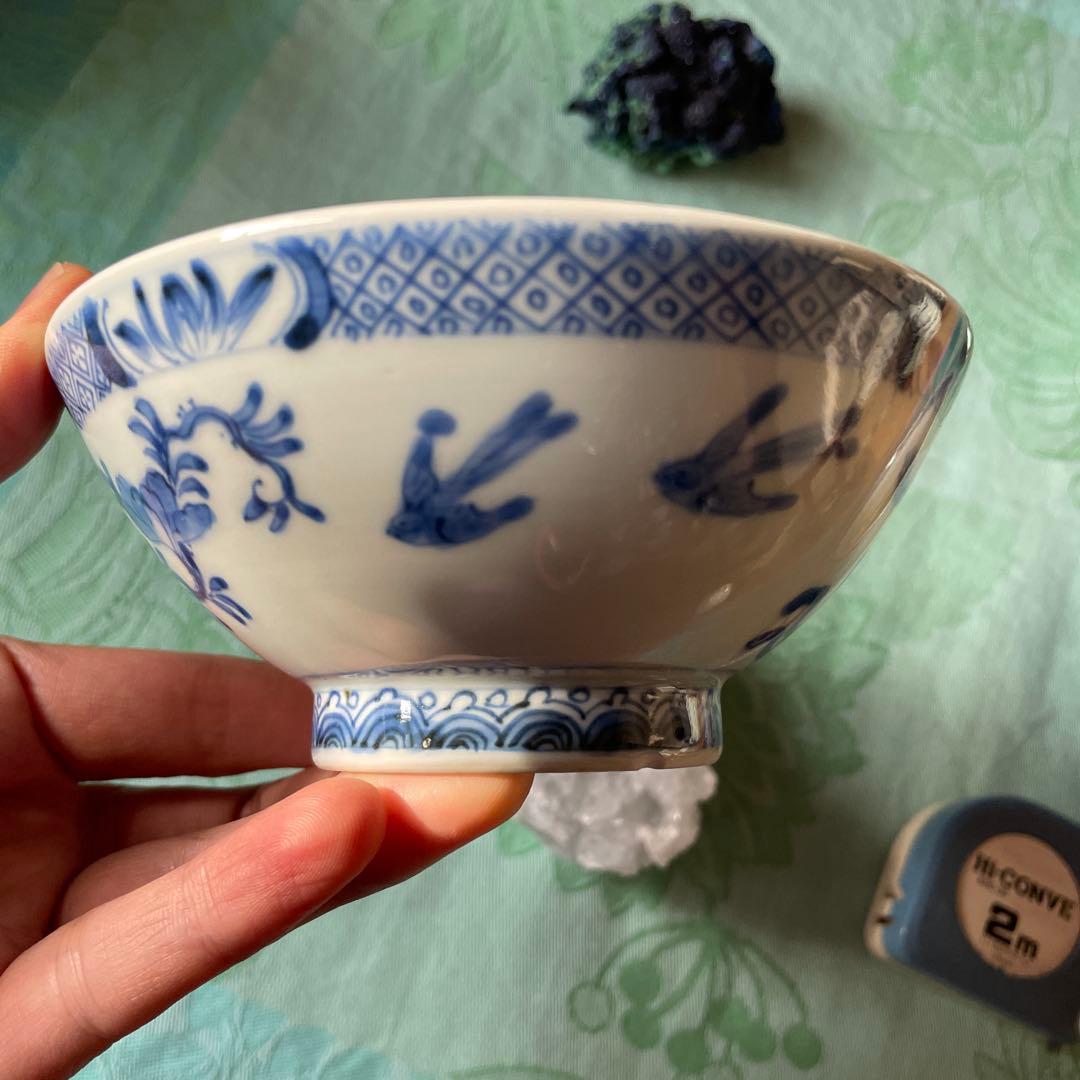 古伊万里　染付　霊獣　牡丹　唐草　蓋付飯碗