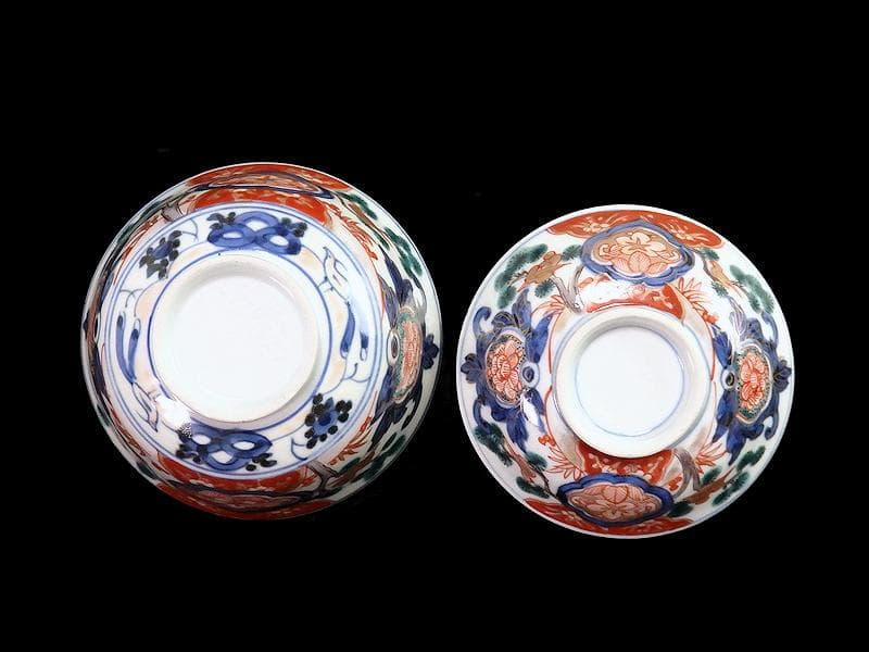 古伊万里　金襴手　窓絵　花鳥紋の図　蓋茶碗　５客　C884AS-CEv