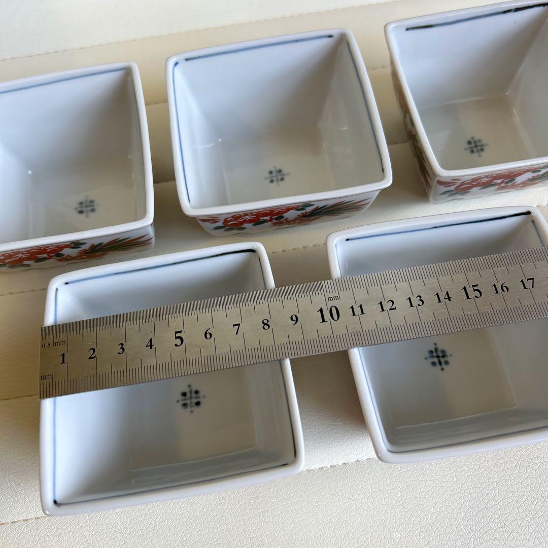 九谷焼　栄山窯　赤絵花鳥　小鉢揃　5枚セット　角鉢　色絵　角皿　和食器　共箱付き