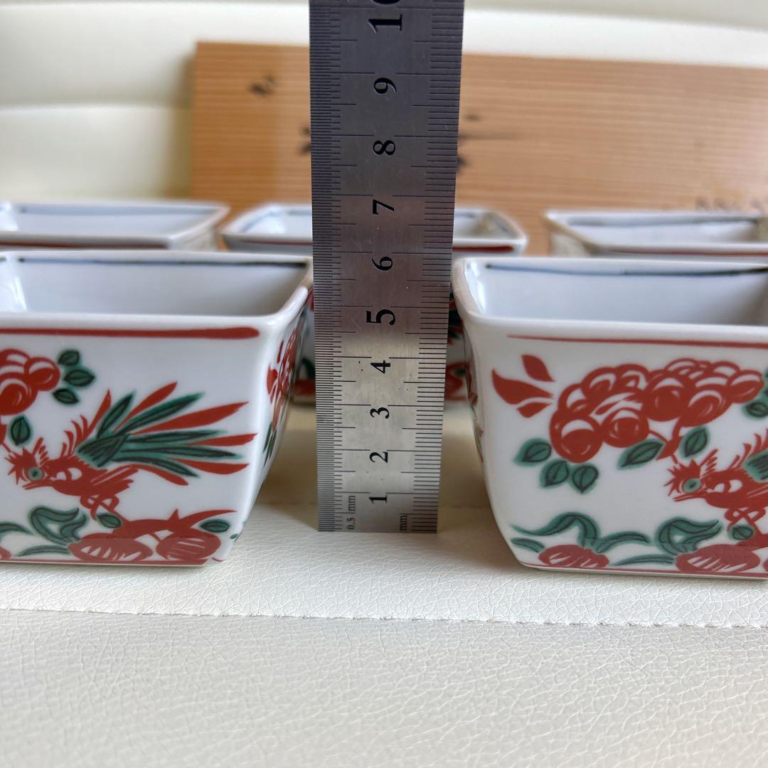 九谷焼　栄山窯　赤絵花鳥　小鉢揃　5枚セット　角鉢　色絵　角皿　和食器　共箱付き