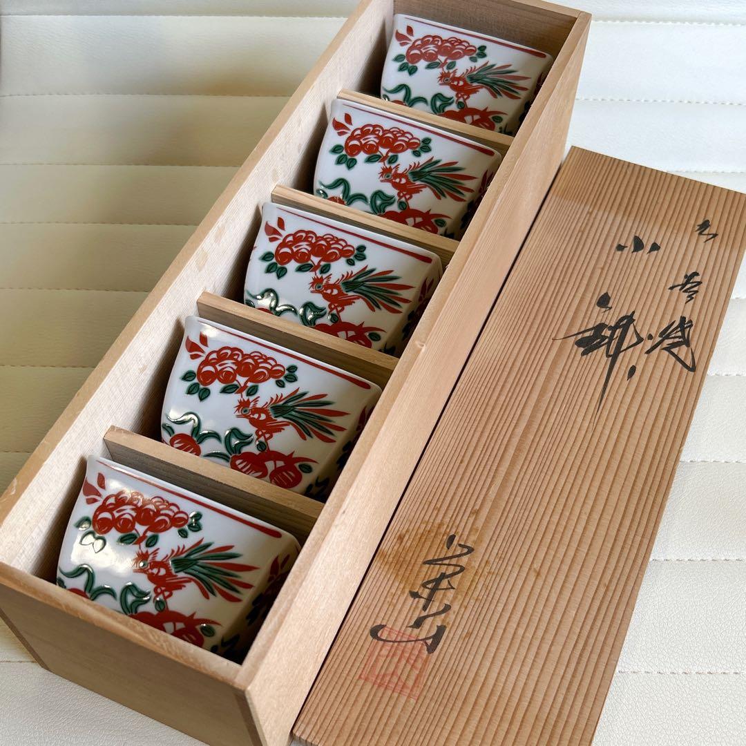 九谷焼　栄山窯　赤絵花鳥　小鉢揃　5枚セット　角鉢　色絵　角皿　和食器　共箱付き