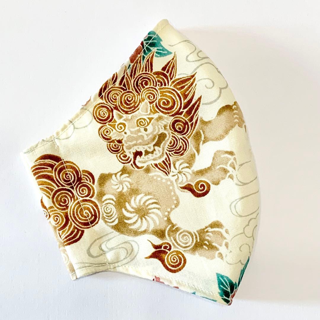 No.522 オーダーマスク　シーサー　麒麟　アイボリー　ハンドメイド　和柄