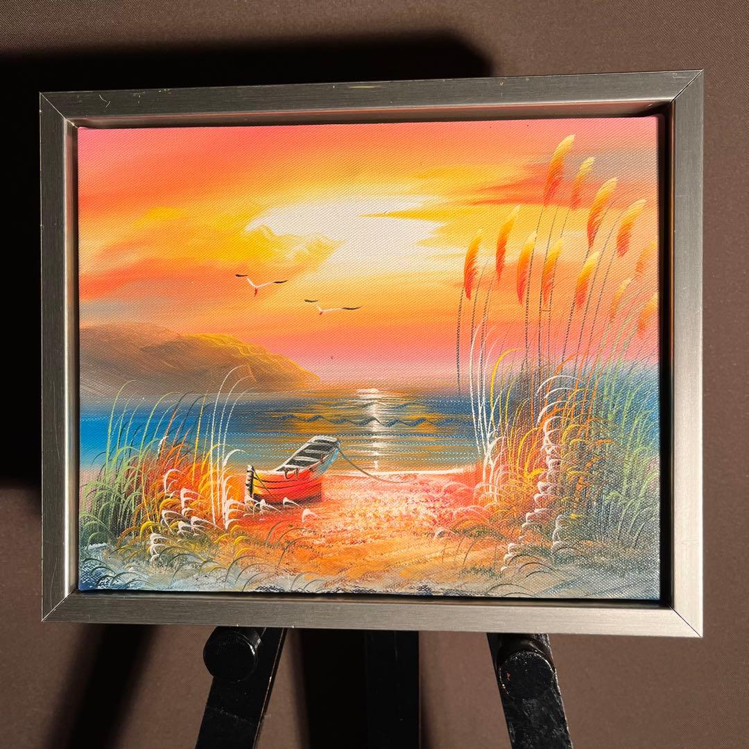 手描き油絵 夕暮れの海 額付 肉筆絵画 インテリア 油彩画