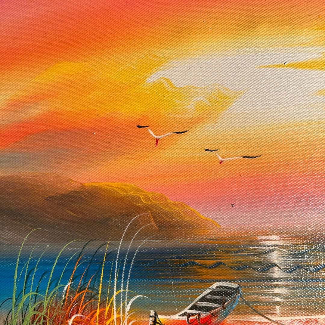 手描き油絵 夕暮れの海 額付 肉筆絵画 インテリア 油彩画