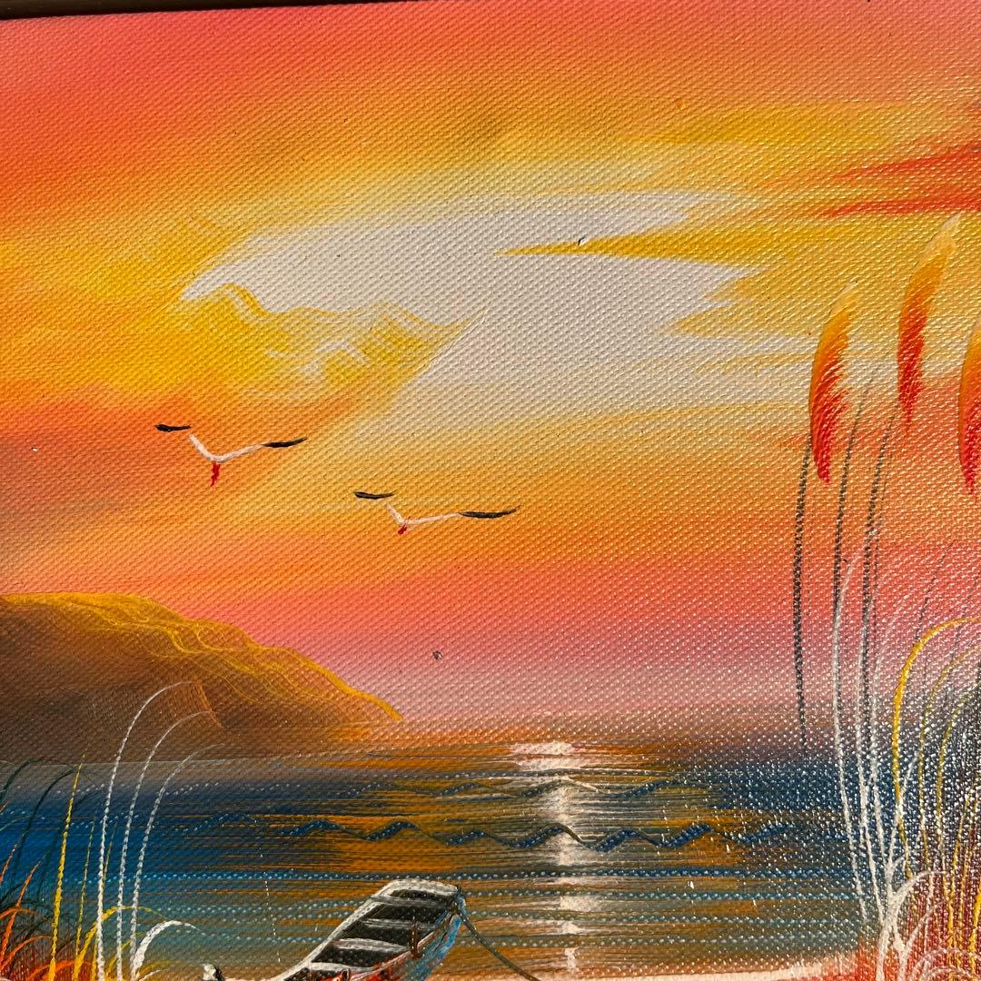 手描き油絵 夕暮れの海 額付 肉筆絵画 インテリア 油彩画
