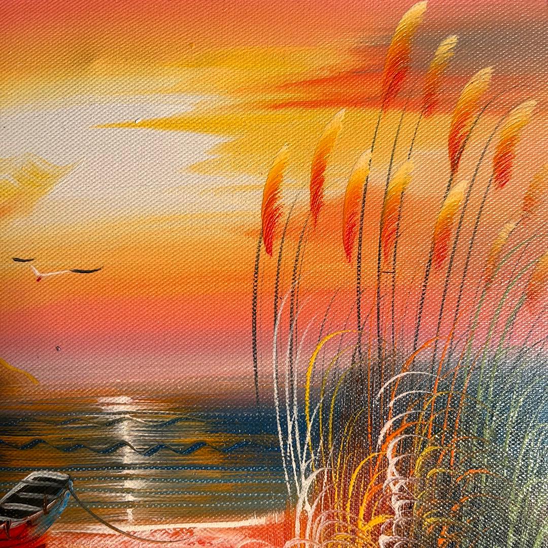 手描き油絵 夕暮れの海 額付 肉筆絵画 インテリア 油彩画