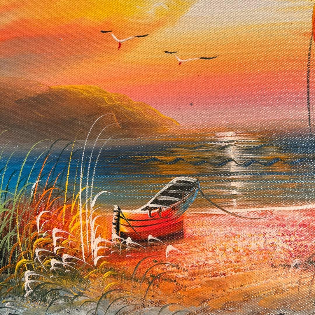 手描き油絵 夕暮れの海 額付 肉筆絵画 インテリア 油彩画
