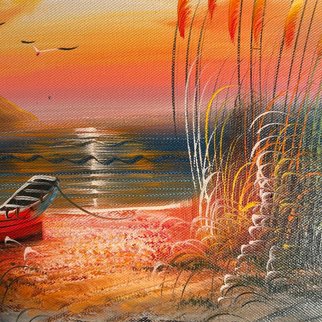 手描き油絵 夕暮れの海 額付 肉筆絵画 インテリア 油彩画