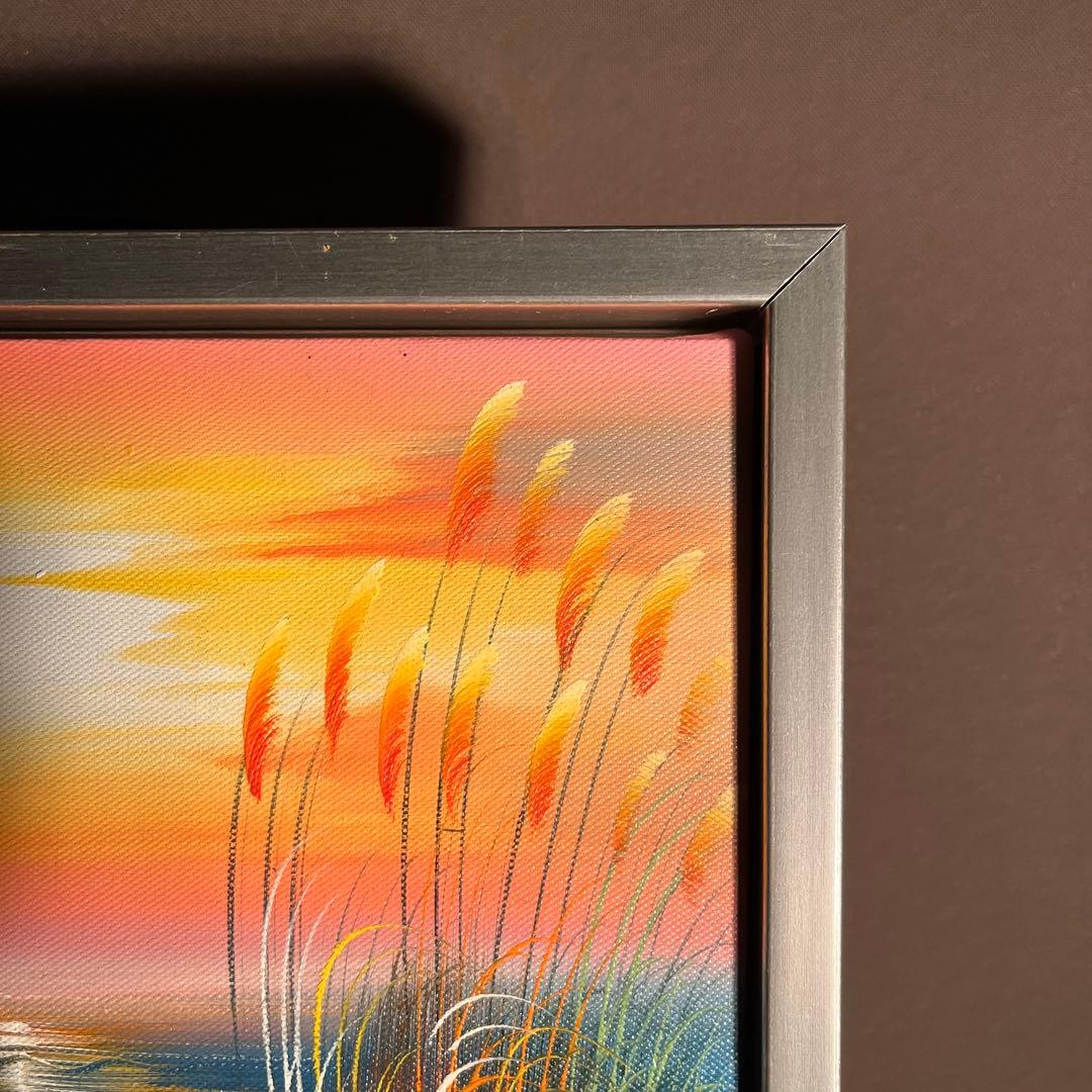 手描き油絵 夕暮れの海 額付 肉筆絵画 インテリア 油彩画