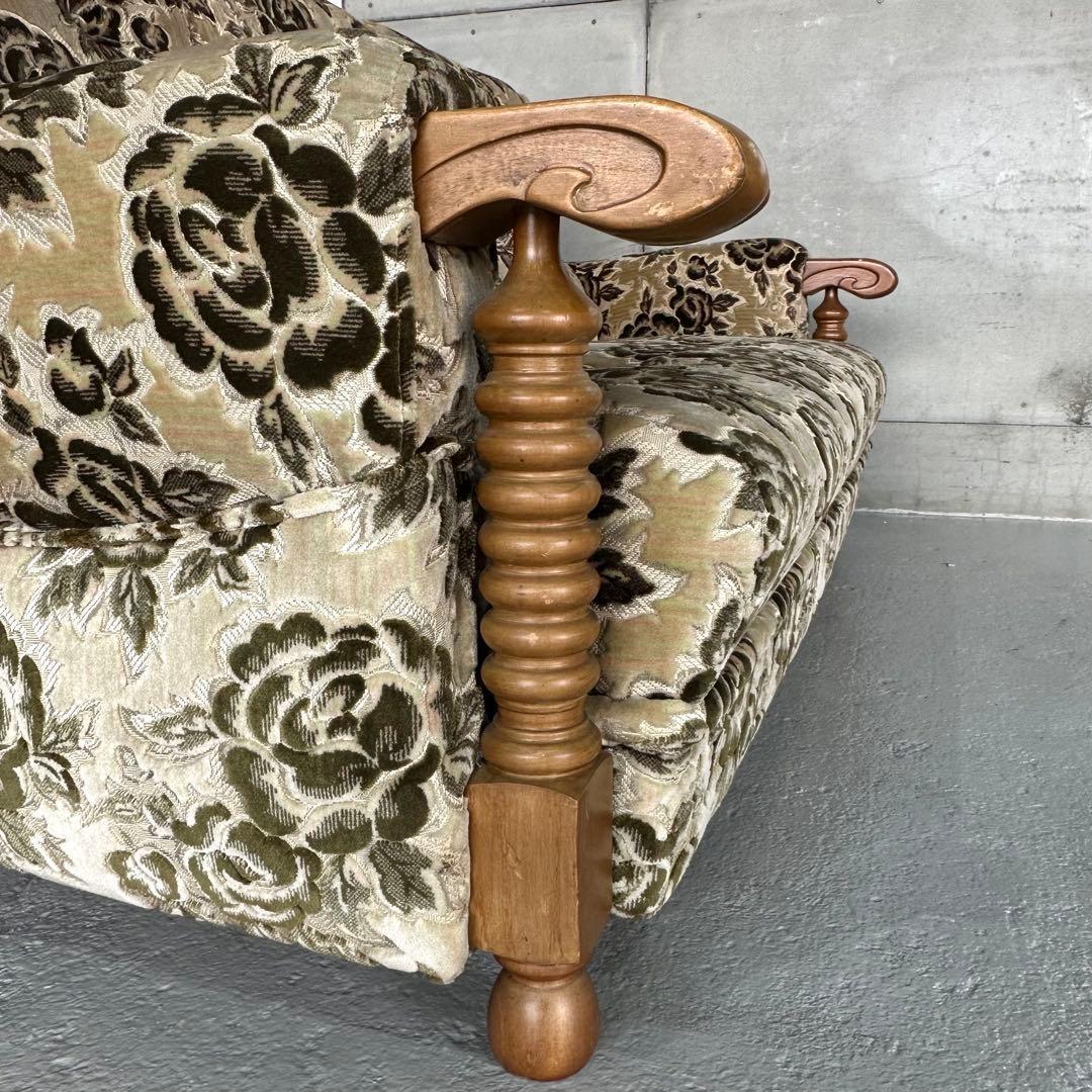 ✦昭和レトロ✦ 花柄モケット 3人掛けソファ 木製アンティーク調 応接ソファー