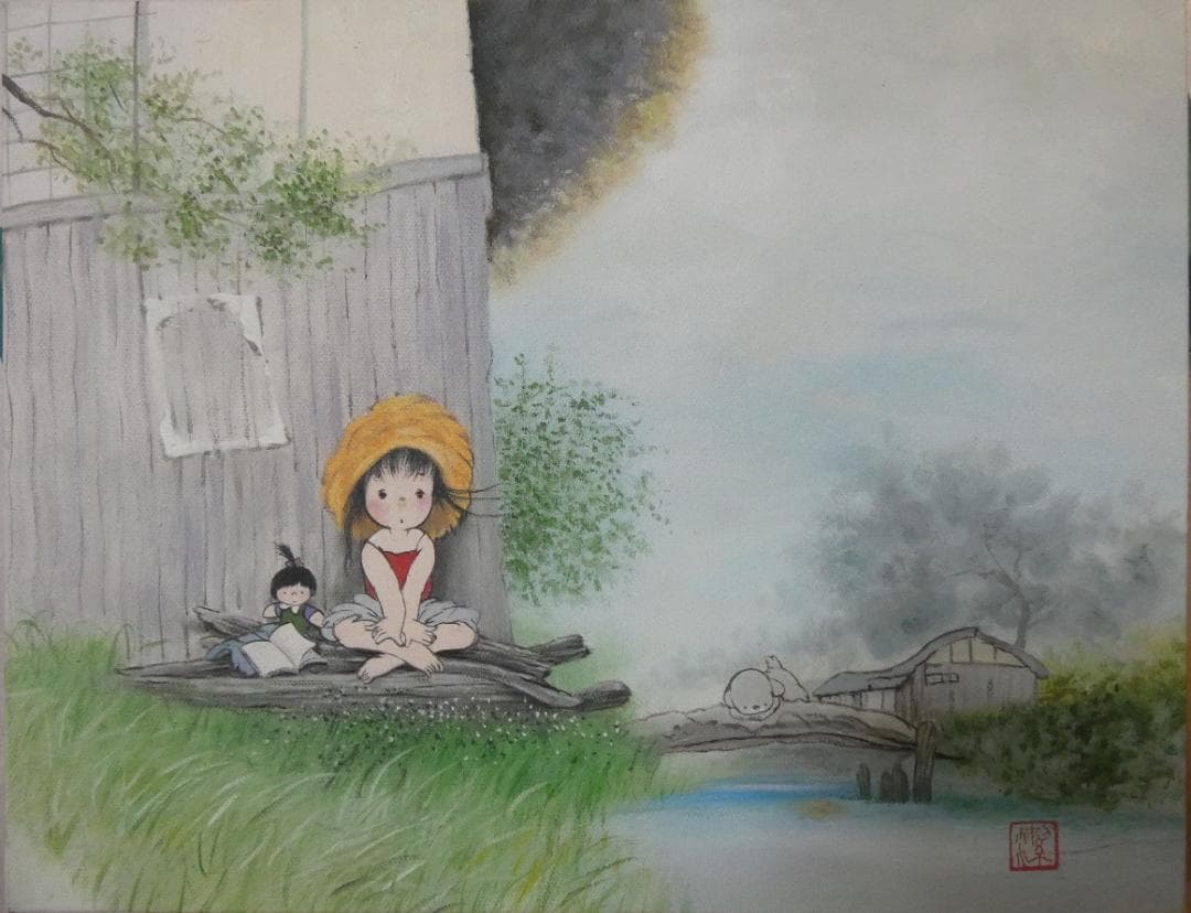 油絵 風景人物　額付き　中島潔　 F6 【　季節の予感　】手描き
