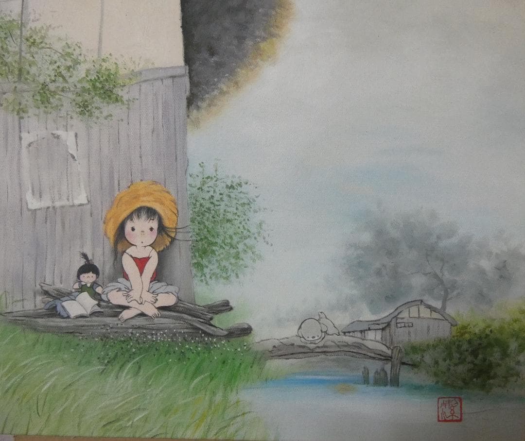 油絵 風景人物　額付き　中島潔　 F6 【　季節の予感　】手描き
