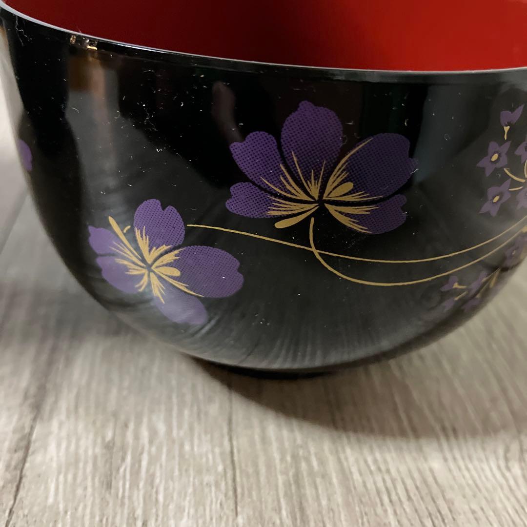 E-1 【未使用】汁椀 5客セット お碗 黒塗り 朱塗り 色違い花柄和食器箱入り