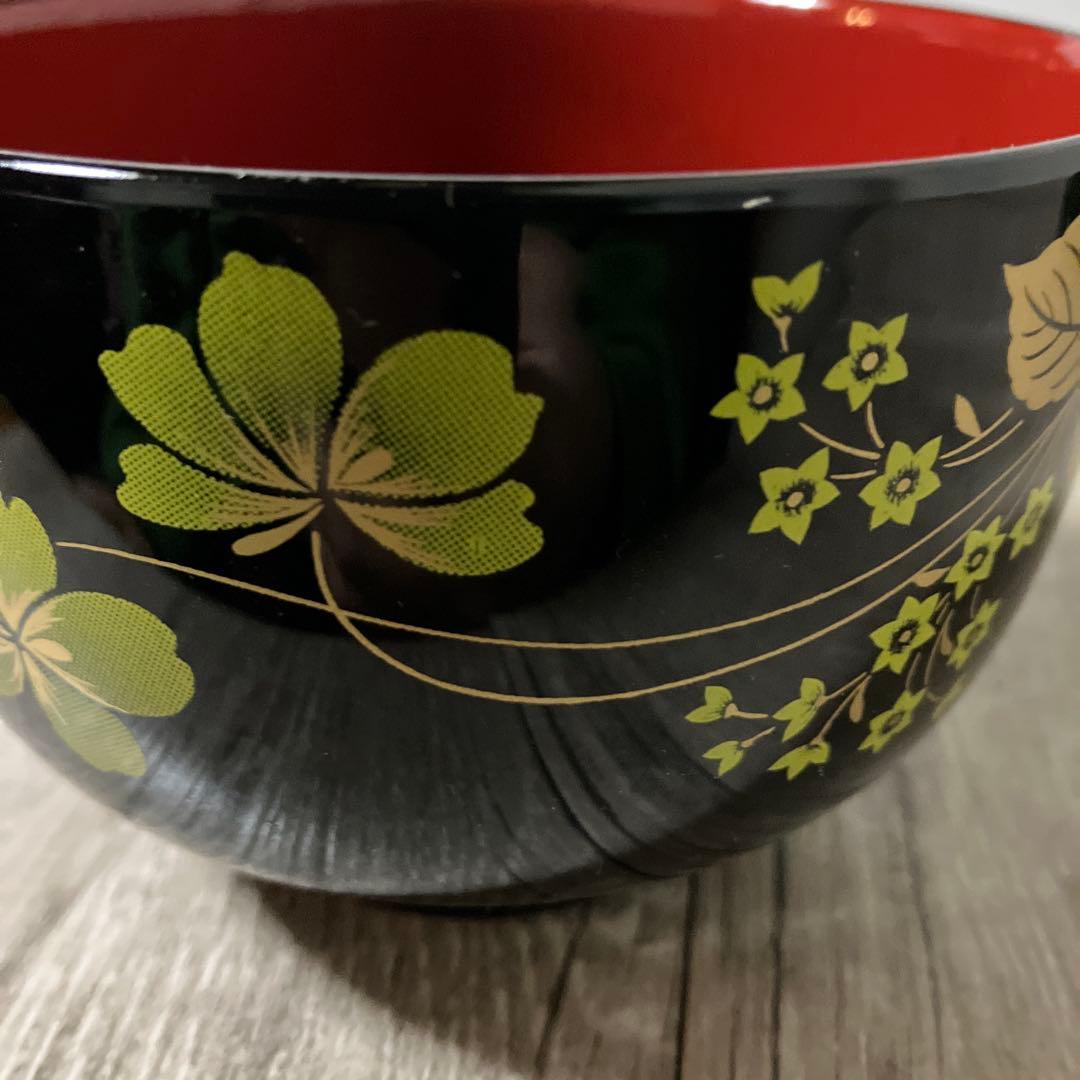 E-1 【未使用】汁椀 5客セット お碗 黒塗り 朱塗り 色違い花柄和食器箱入り