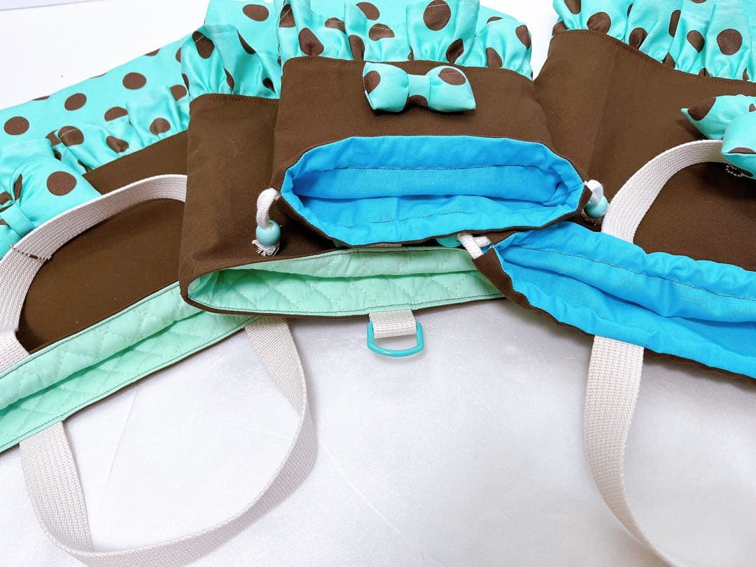 入園入学準備グッズ♡5点セット♡ブラウン✖️ドットミント♡でかリボン