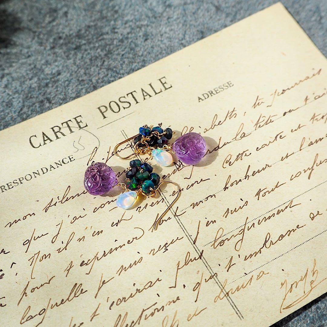 14kgfアメジストカービング・ブラックオパールピアス/イヤリング