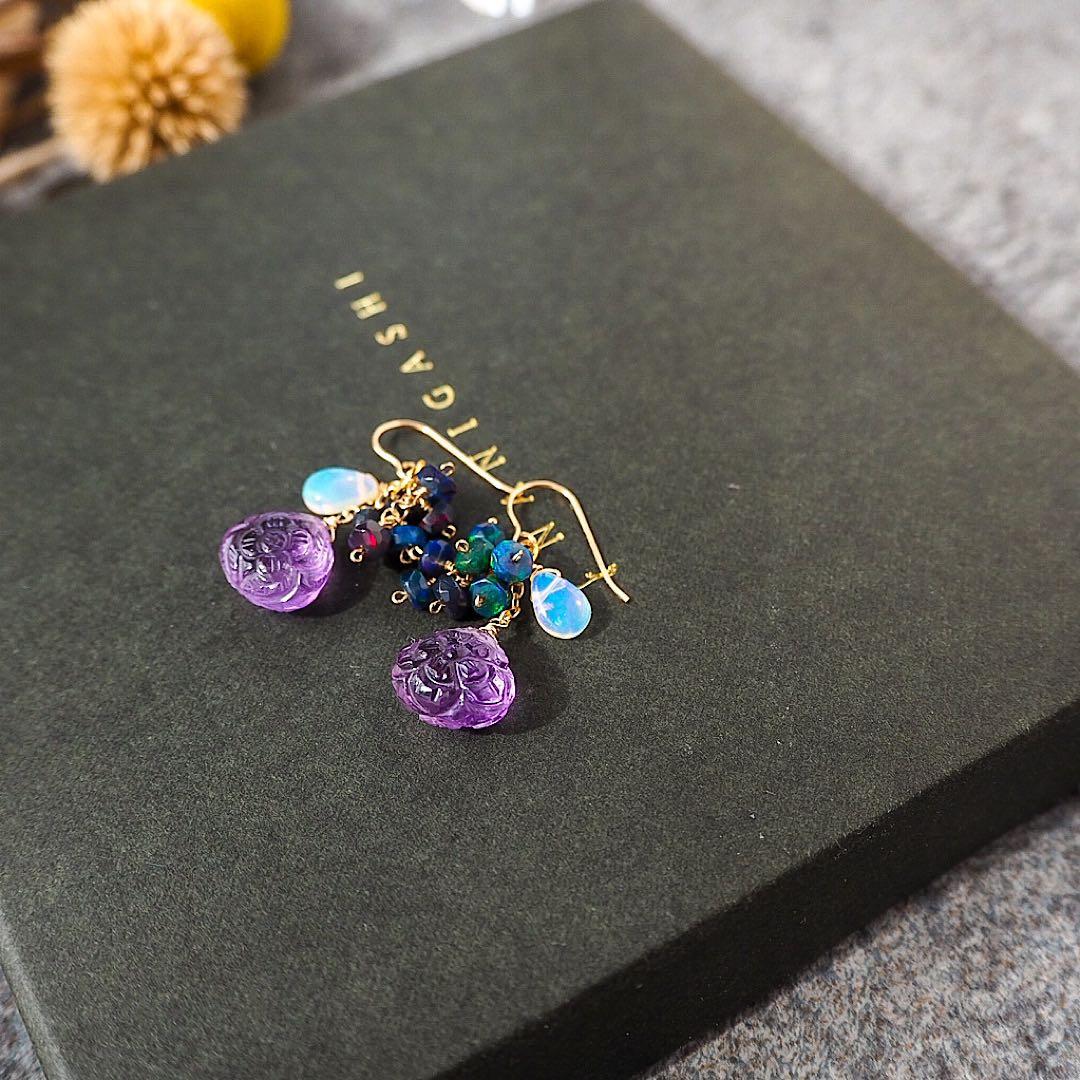 14kgfアメジストカービング・ブラックオパールピアス/イヤリング