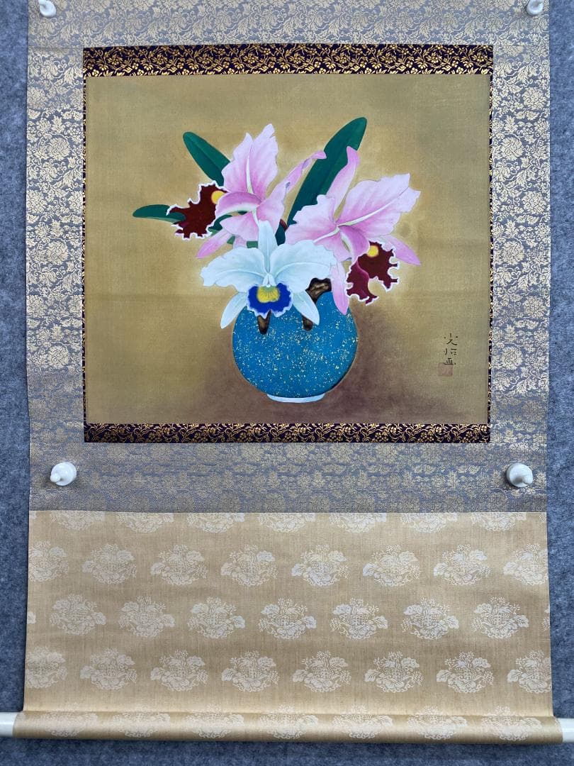 細野光治【真作】洋蘭 日本画 共箱 二重箱 元青竜社々友 掛軸24021703