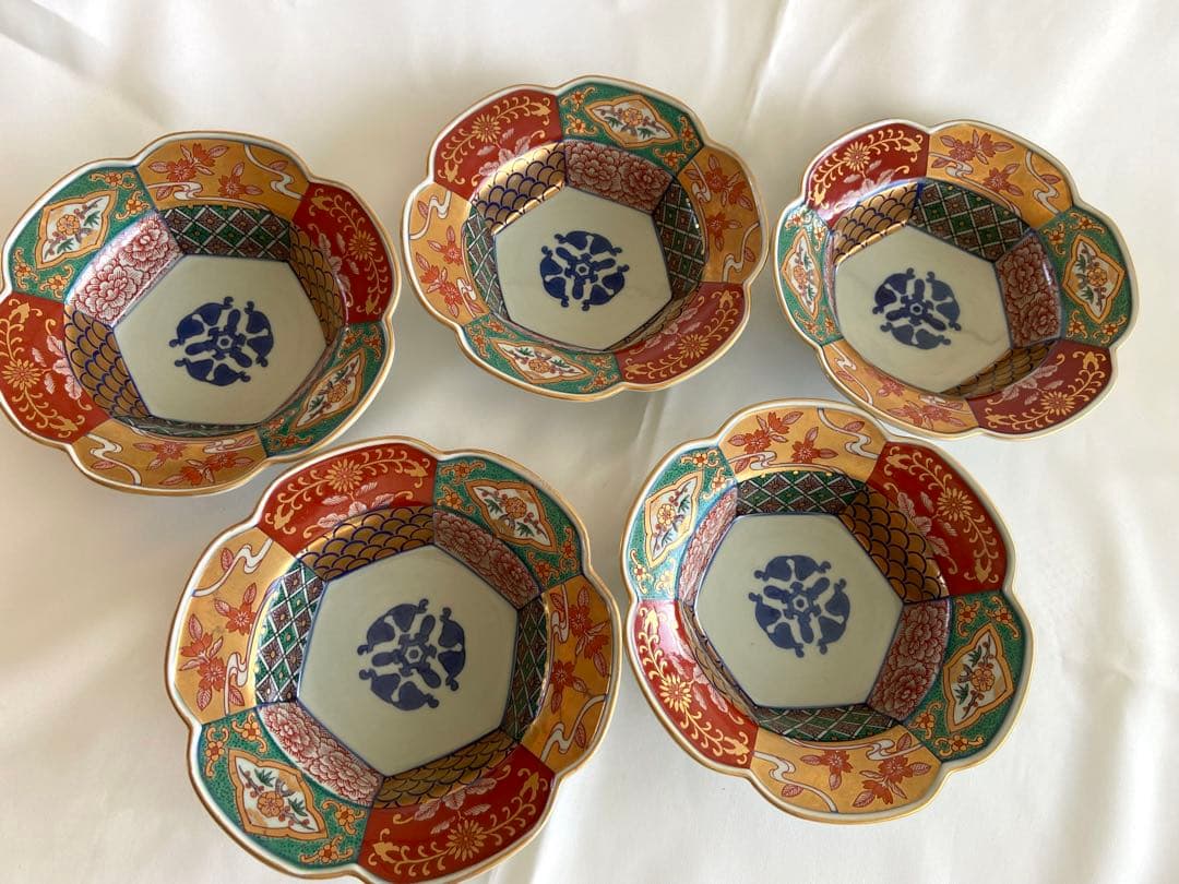 有田焼 林九郎作 花型六方割地紋 小鉢 5客揃 金彩 色絵 古伊万里風