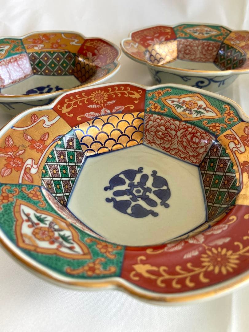 有田焼 林九郎作 花型六方割地紋 小鉢 5客揃 金彩 色絵 古伊万里風